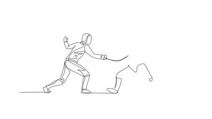 Animated self drawing of single continuous line draw two young pro fencer athlete women in fencing mask and rapier duel at gym arena. Fighting sport competition concept. Full length one line animation - Powered by Adobe
