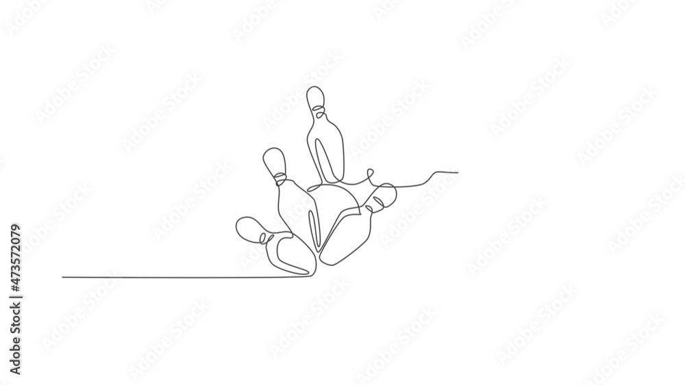 Aufkleber animated self drawing of one continuous line draw lined up bowling pins falling apart hit by ball at