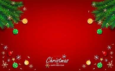 Post Card Merry Christmas and Happy New Year 2022. Xmas decorative design elements on red background. Horizontal Christmas posters, greeting cards. Objects viewed from above.