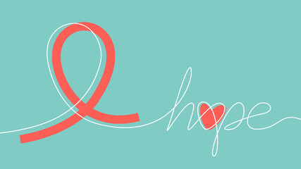 Red ribbon symbol and inscription hope line art. Vector stock illustration. 