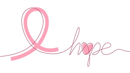Fototapeta na wymiar Pink ribbon and inscription hope line art. Breast cancer awareness.Vector stock illustration. 