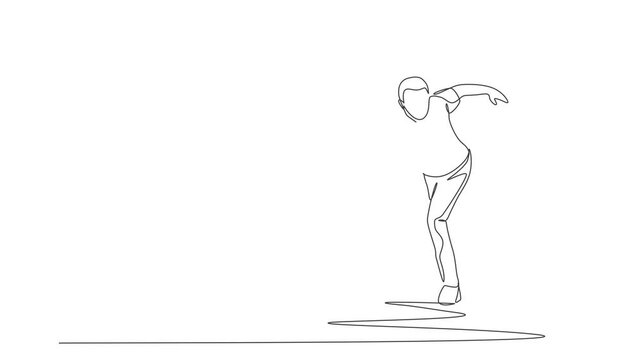 Animation of one line drawing of young talented bowling player man throw ball to hit bowling pins. Healthy people lifestyle and sport concept. Continuous line self draw animated. Full length motion.