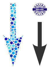 Round dot mosaic sharp arrow down icon and DALIAN round corroded stamp imitation. Violet stamp includes DALIAN title inside circle and guilloche technique.