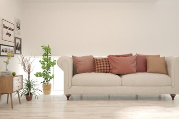 White living room with sofa. Scandinavian interior design. 3D illustration