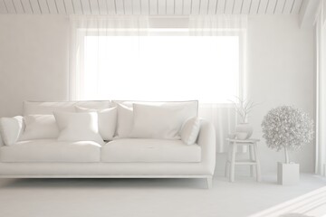 Fototapeta premium Mock up of minimalist living room in white color with sofa. Scandinavian interior design. 3D illustration