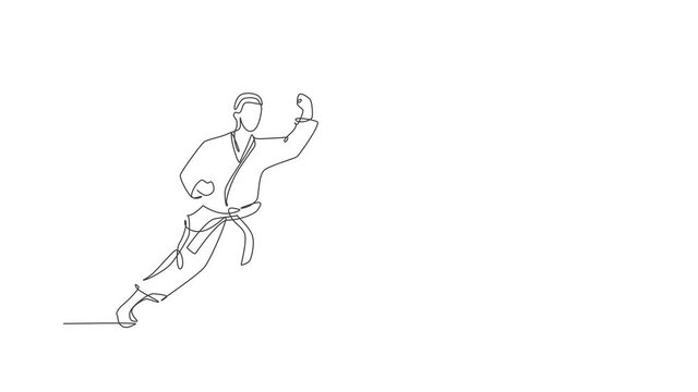 Animated self drawing of single continuous line draw young confident karateka man in kimono practicing karate combat at dojo. Martial art sport training concept. Full length one line animation.