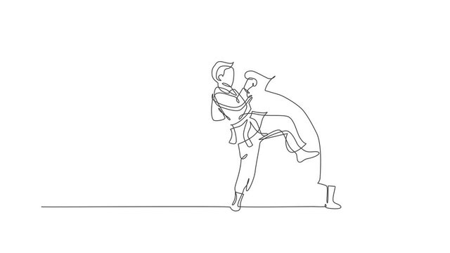 Animated self drawing of single continuous line draw two young confident karateka men in kimono practicing karate combat at dojo. Martial art sport training concept. Full length one line animation.