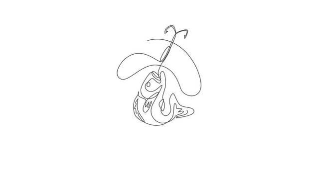 Animation of one line drawing of fishing club and fishing lover competition logo icon symbol. Holiday traveling for fisherman hobby concept. Continuous line self draw animated. Full length motion.