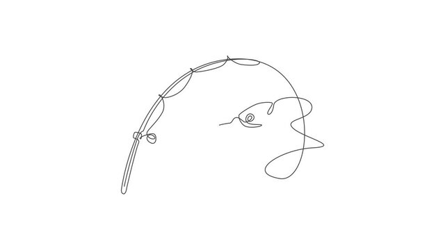 Animation of one line drawing of fisherman club and fishing lover competition logo icon symbol. Holiday traveling for fishing hobby concept. Continuous line self draw animated. Full length motion.
