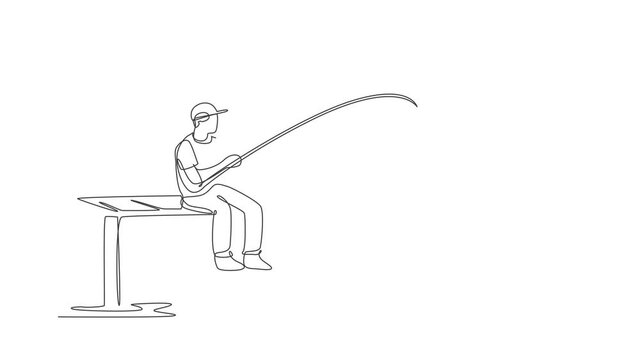 Animated self drawing of single continuous line draw young happy fisher man fishing big trout fish in dock pier while sitting relax. Fishing hobby holiday concept. Full length one line animation.