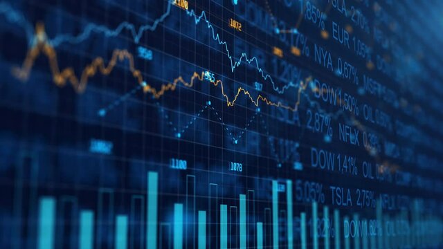 Stock market and information of exchange with data of price on market wall. Change and volume. Financial indexes change up and down over time. Concept of trading cryptocurrency assets and bitcoin