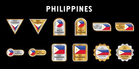 Made in Philippines Label, Stamp, Badge, or Logo. With The National Flag of Philippines. On platinum, gold, and silver colors. Premium and Luxury Emblem