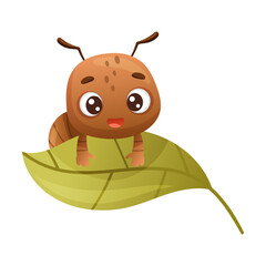 Cute brown little ant sitting on leaf. Funny insect cartoon character vector illustration