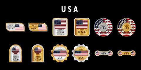 Made in USA Label, Stamp, Badge, or Logo. With The National Flag of USA. On platinum, gold, and silver colors. Premium and Luxury Emblem
