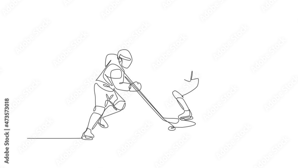 Poster animation of one line drawing of two young ice hockey player in action to play competitive game on i