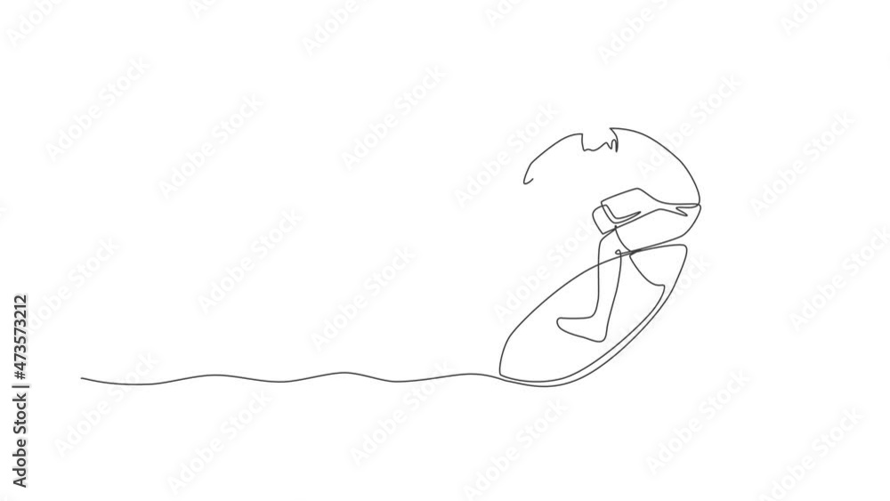 Poster animated self drawing of single continuous line draw young professional surfer in action riding the 