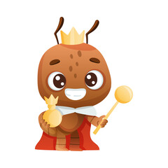 Cute queen ant in red mantle and golden crown. Funny insect cartoon character vector illustration