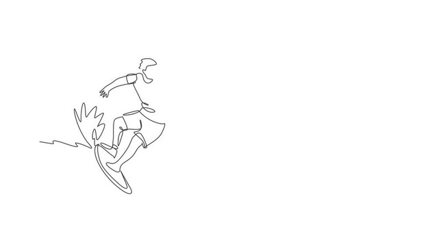 Animation of one single line drawing of young sporty surfer man riding on big waves in surfing beach paradise. Extreme water sport concept. Continuous line self draw animated. Full length motion.