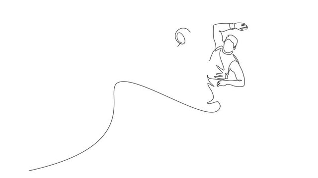Animated self drawing of one continuous line draw young male professional volleyball player in action jumping smash on court. Healthy competitive team sport concept. Full length single line animation.