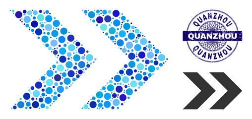 Round dot mosaic shift right icon and QUANZHOU round scratched stamp. Blue stamp includes QUANZHOU caption inside circle and guilloche decoration. Vector mosaic is based on shift right icon,