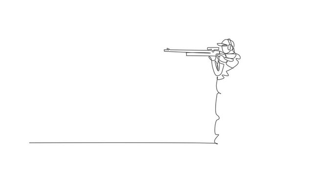 Animated self drawing of one continuous line draw young man on shooting training ground practice for competition with rifle gun. Outdoor shooting sport concept. Full length single line animation.
