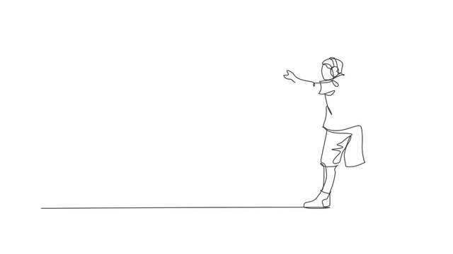 Animated self drawing of single continuous line draw young athlete man shooter holding gun and training to aim target tactical shooting. Shooting sport training concept. Full length one line animation