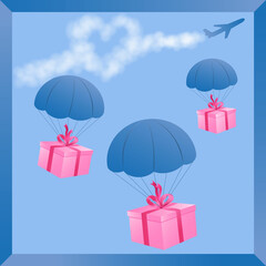A present for you with love! Gifts are delivered in a special way. Pink gift boxes tied with pink ribbons parachuted down from an airplane.  The heart-shaped trail behind the plane is a sign of love.