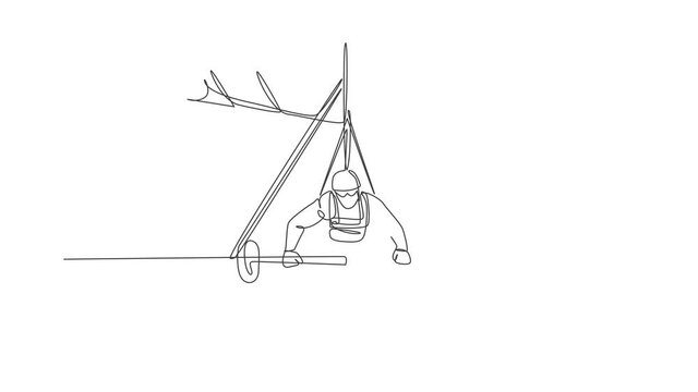 Animated self drawing of continuous line draw young tourist man flying with hang gliding parachute on the sky. Extreme vacation holiday sport concept. Full length one line animation illustration.
