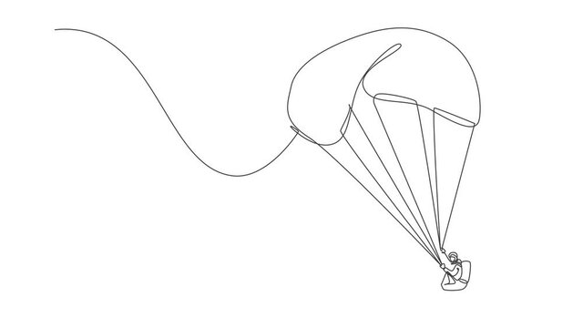 Animated self drawing of single continuous line draw young tourist man flying with paragliding parachute on the sky. Extreme vacation holiday sport concept. Full length one line animation illustration