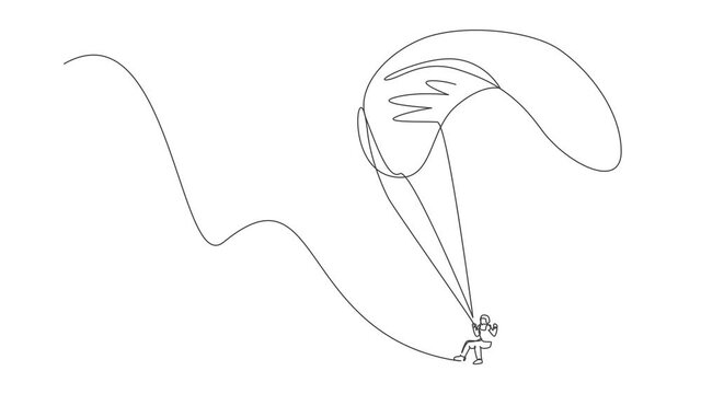 Animation of one single line drawing of young sporty man flying with paragliding parachute on the sky illustration. Extreme sport concept. Continuous line self draw animated. Full length motion.