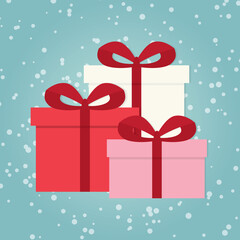 christmas presents with red ribbon on snowy pattern - vector illustration