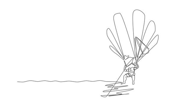 Animated self drawing of continuous line draw bravery man flying in the sky using parasailing parachute pulled by a boat. Outdoor dangerous extreme sport concept. Full length single line animation.