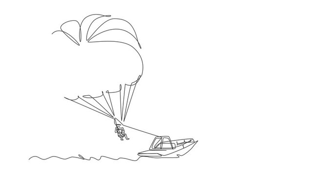 Animated self drawing of continuous line draw young bravery flying in the sky using parasailing parachute behind the boat. Outdoor dangerous extreme sport concept. Full length single line animation.