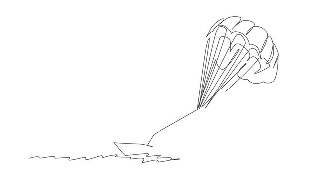 Animation of one single line drawing of young sporty man flying with parasailing parachute on the sky pulled by a boat. Extreme sport concept. Continuous line self draw animated. Full length motion.