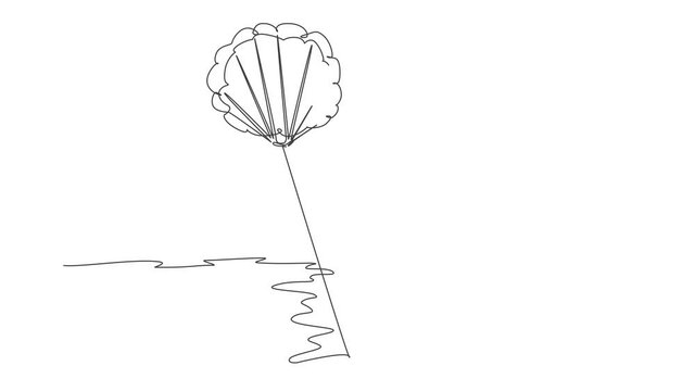 Animation of one single line drawing of young sporty man flying with parasailing parachute on the sky pulled by boat. Extreme sport concept. Continuous line self draw animated. Full length motion.