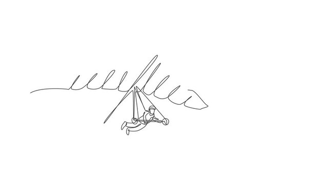 Animation of one single line drawing of young sporty man flying with hang gliding parachute on the sky illustration. Extreme sport concept. Continuous line self draw animated. Full length motion.
