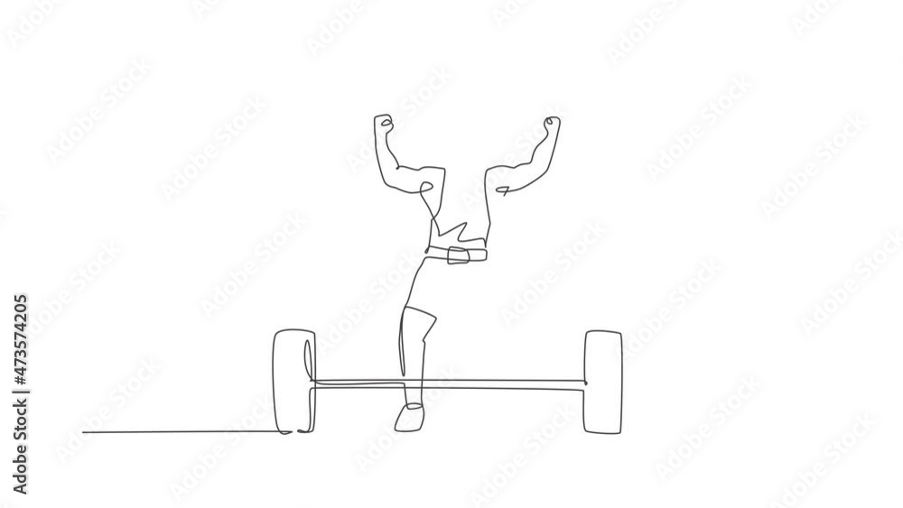 Poster animated self drawing of one continuous line draw young bodybuilder man doing exercise with a heavy 
