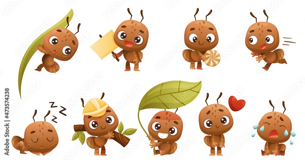 Wall mural Cute little ant baby doing various activities set. Brown insect cartoon character vector illustration