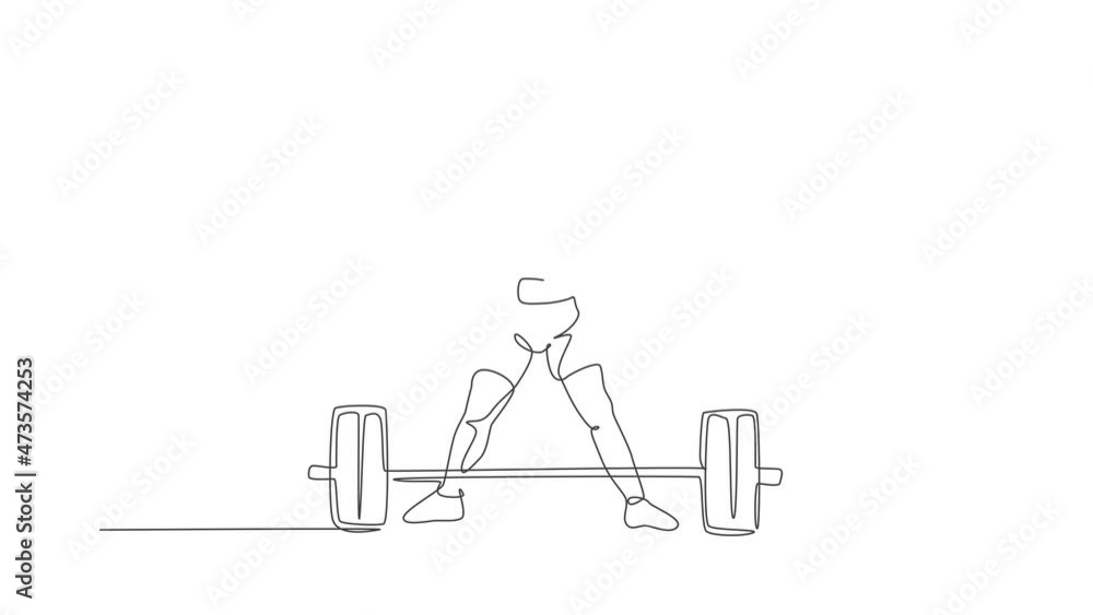 Poster animated self drawing of one continuous line draw young bodybuilder man doing exercise with a heavy 