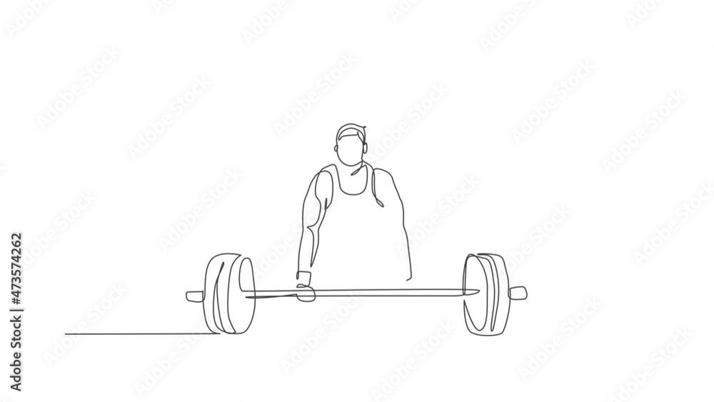Poster animated self drawing of one continuous line draw young bodybuilder man doing exercise with a heavy 