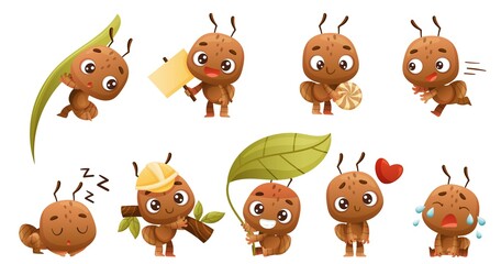 Cute little ant baby doing various activities set. Brown insect cartoon character vector illustration