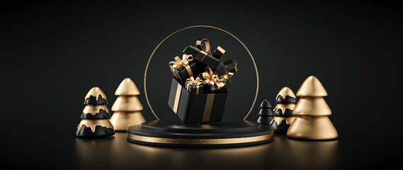 Black And Golden Modern, Trendy Christmas Trees, Podium And Gift Boxes On Black Background. New Year Concept- 3D Illustration