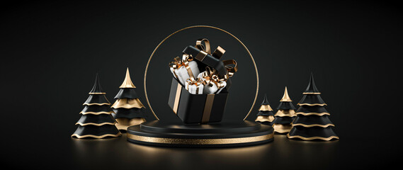 Black And Golden Modern, Trendy Christmas Trees, Podium And Gift Boxes On Black Background. New Year Concept- 3D Illustration