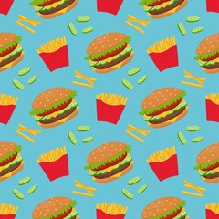 Seamless vector pattern of hamburger and French fries. 