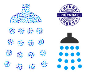 Circle combination shower icon and CHENNAI round textured stamp imitation. Blue stamp includes CHENNAI text inside circle and guilloche structure. Vector mosaic is based on shower icon,