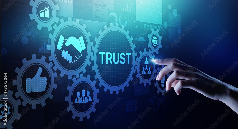 Poster trust customer relations reliability business concept. pointing and pressing on virtual screen.