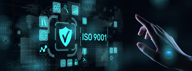 ISO 9001 Standards quality control business technology concept on virtual screen.