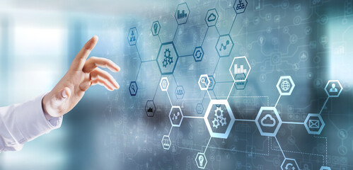 Automation system structure on virtual screen. Smart manufacturing technology and internet of things concept.