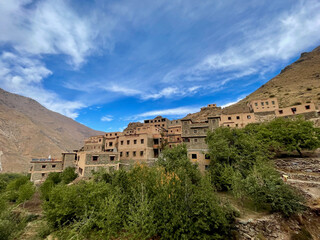 Fototapeta na wymiar Panorama of beautiful Berber village in the High Atlas Mountains. Imlil valley, Morocco.