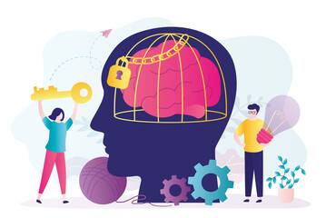 Woman with key opens golden cage. People help person with limited thinking. Mind closed to new ideas and knowledge